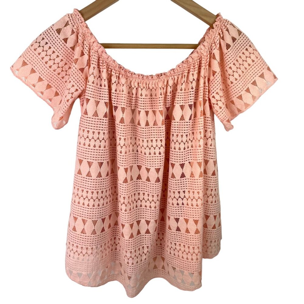 Mittoshop Womens SIze M Peach Short Sleeve Lace Overlay/Lined Shirt - Picture 2 of 10